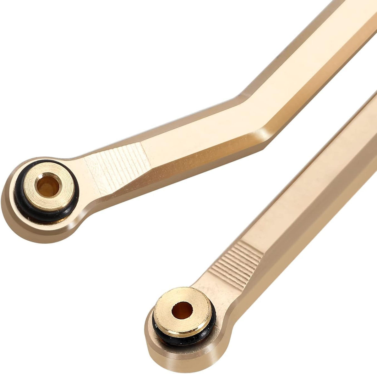 INJORA brass front-4-links provide smoother drive shaft clearance on rough terrain.
