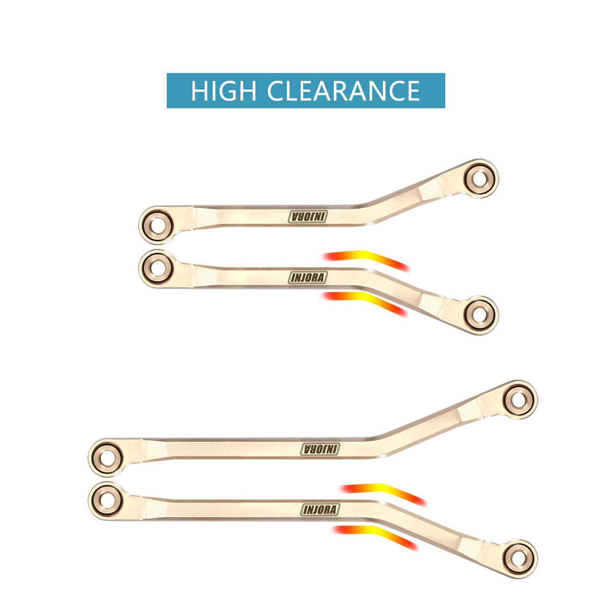 INJORA brass high clearance chassis links set closeup brass finish highlights precision craftsmanship