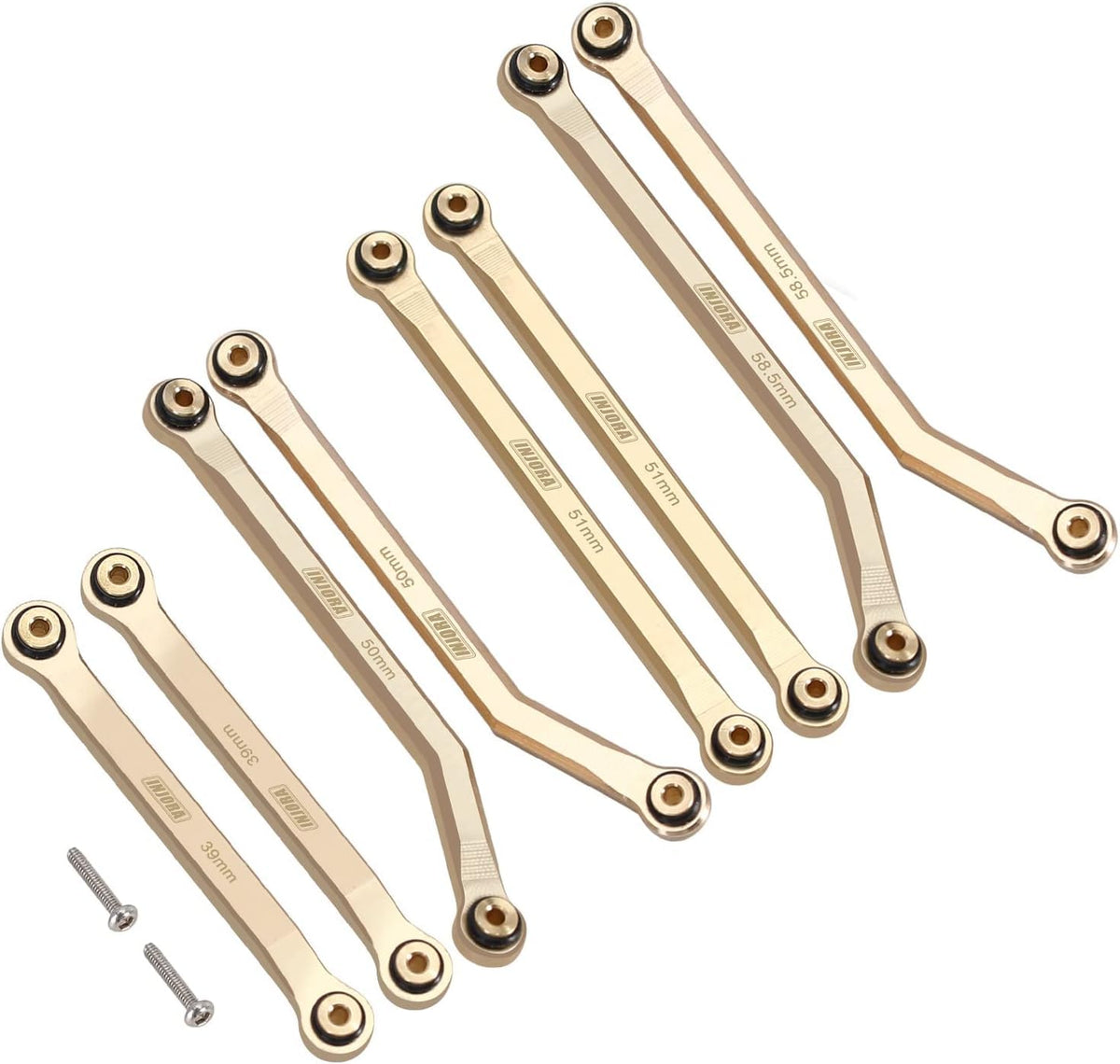 INJORA brass high-clearance front 4-links set improves stability and ground clearance.