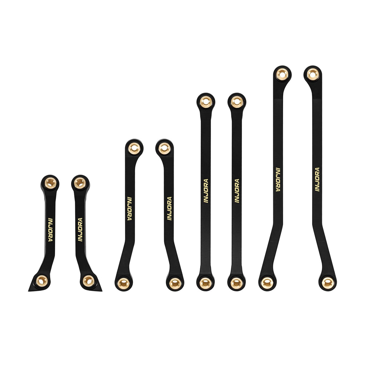 INJORA brass high-clearance links front angle showcase drivetrain stability potential for 1/18 scale