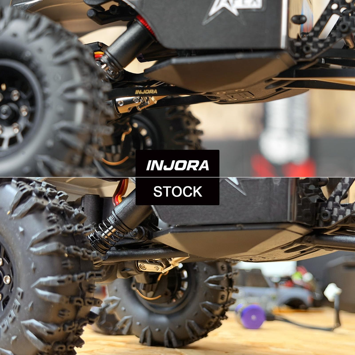 INJORA brass high-clearance links ground clearance view demonstrates improved obstacle climbing potential