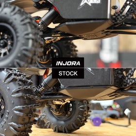 INJORA brass high-clearance links ground clearance view demonstrates improved obstacle climbing potential