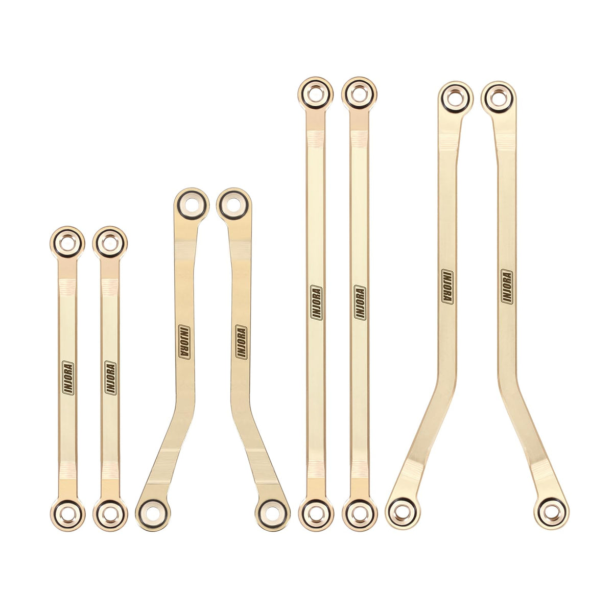 INJORA brass high clearance links for TRX4M K10 — front view shows enhanced approach.