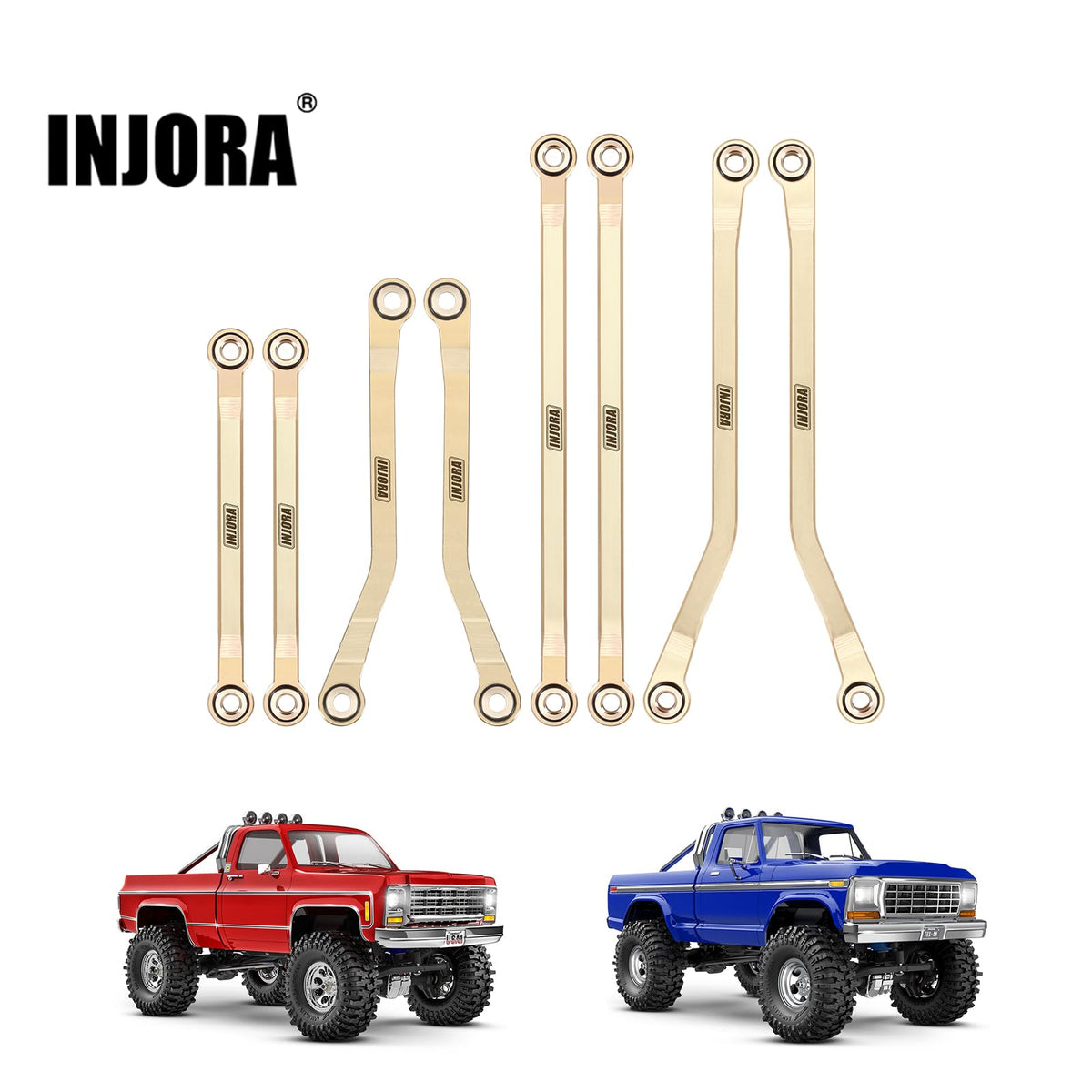 INJORA brass high clearance links for TRX4M K10 — side view highlights improved clearance for climbs.