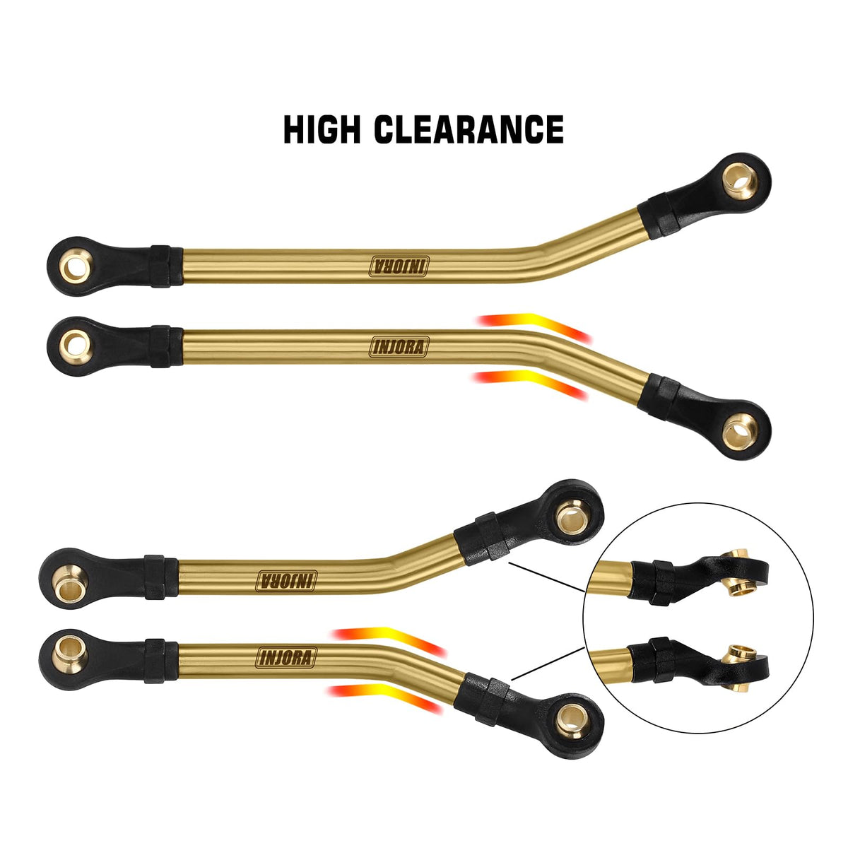 INJORA brass pivot balls enable precise articulation on rugged climbs.