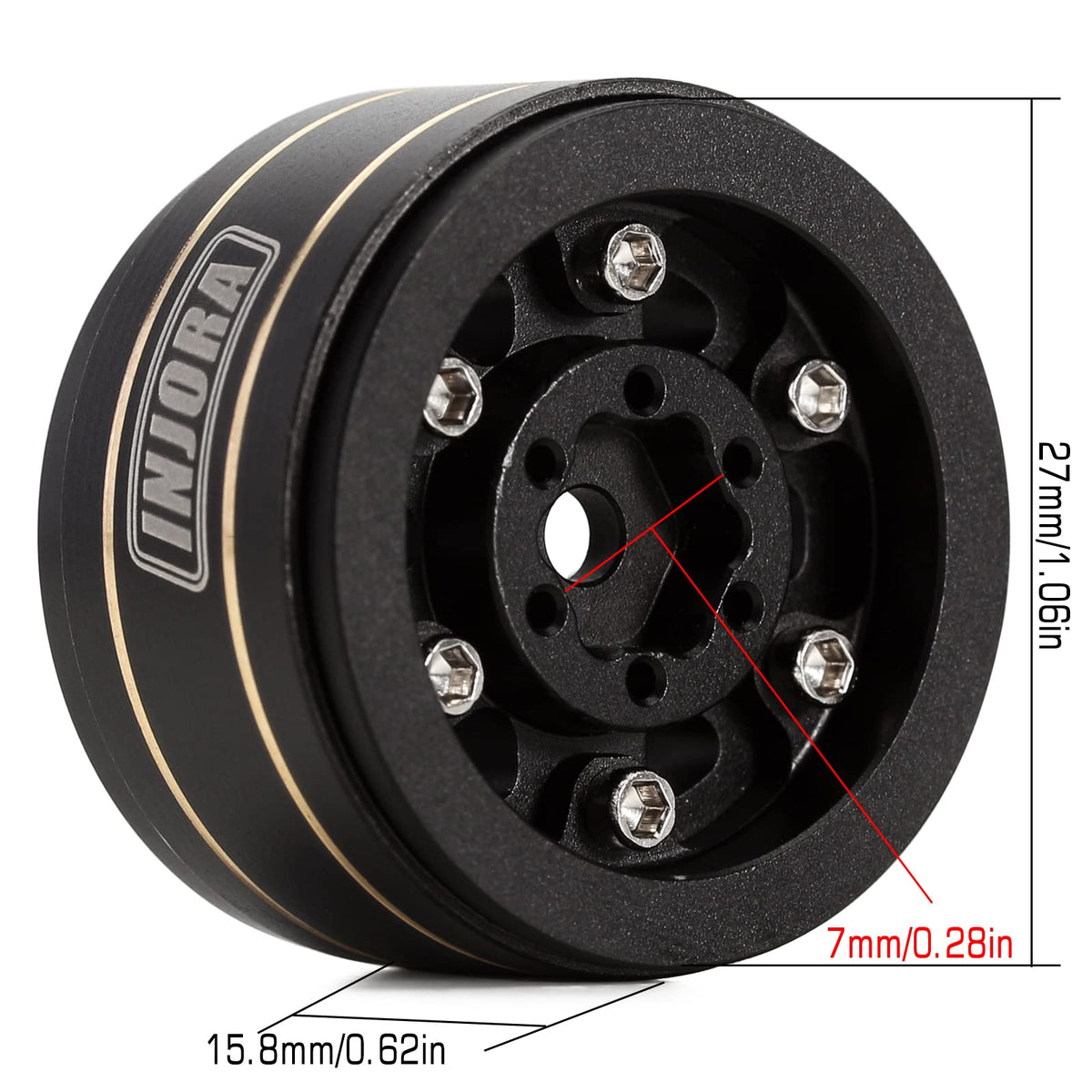 INJORA brass wheel with black coating and chamfered edges looks sharp and corrosion-resistant.