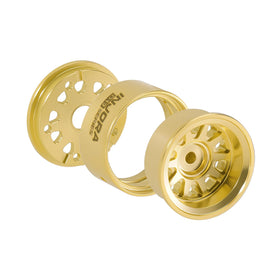 INJORA D19 brass beadlock wheel side profile highlights wider track for stability on rough terrain