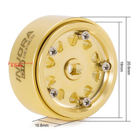 CNC-machined detail of INJORA D19 brass beadlock wheel emphasizes precision and sealant finish