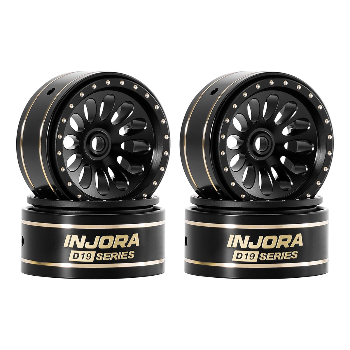 INJORA D19 Ripple 0.7in wheels closeup showing brass precision for crawlers