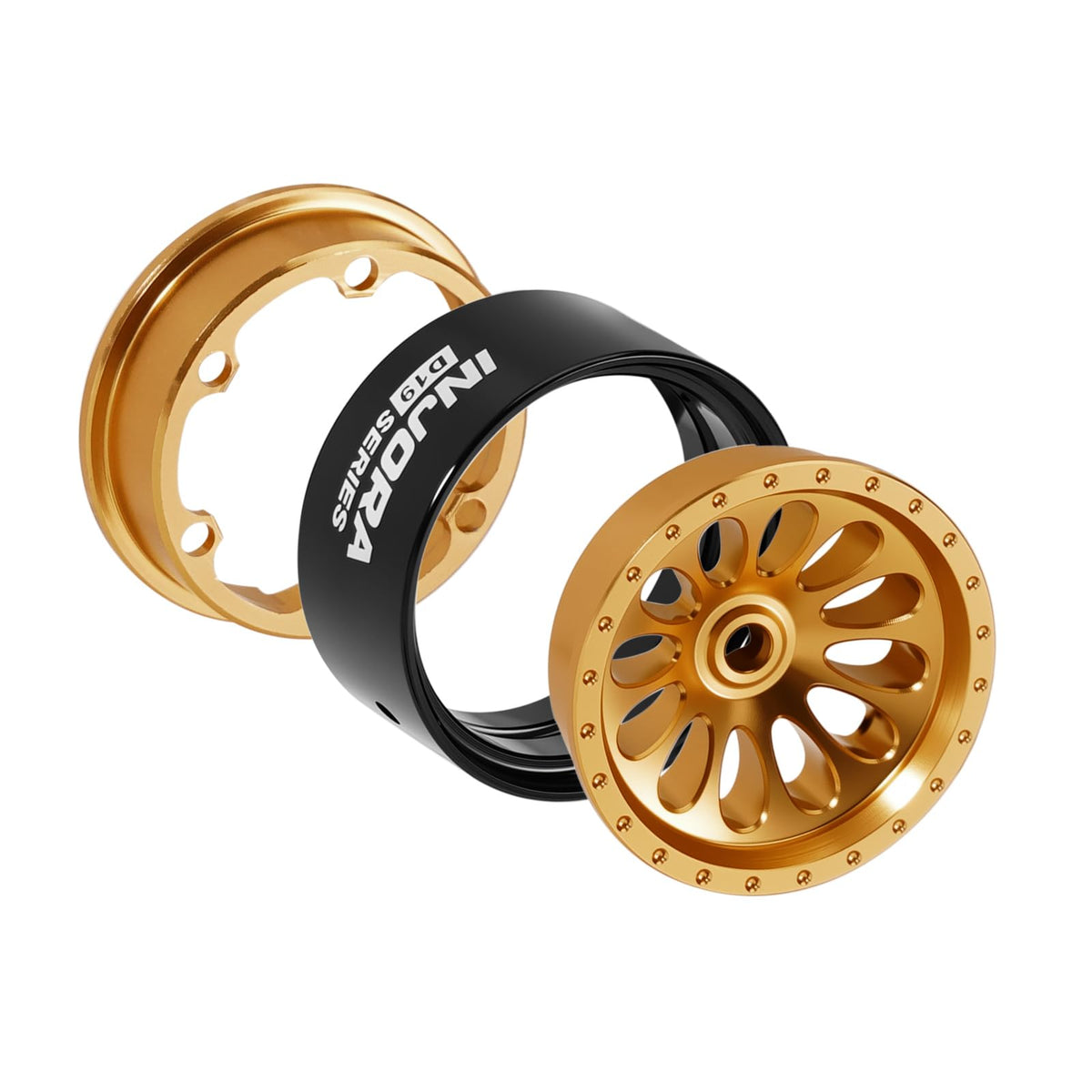 Close-up of teardrop spokes with gold finish enhancing the scale look.