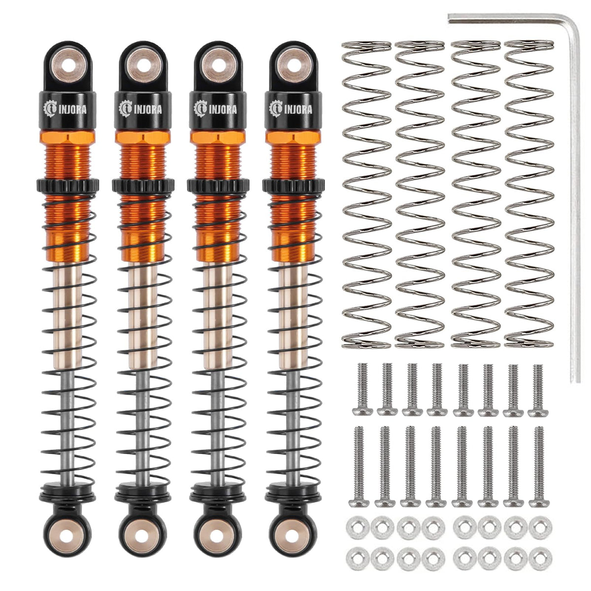 INJORA double-barrel telescopic damper delivering extended travel on tough obstacles