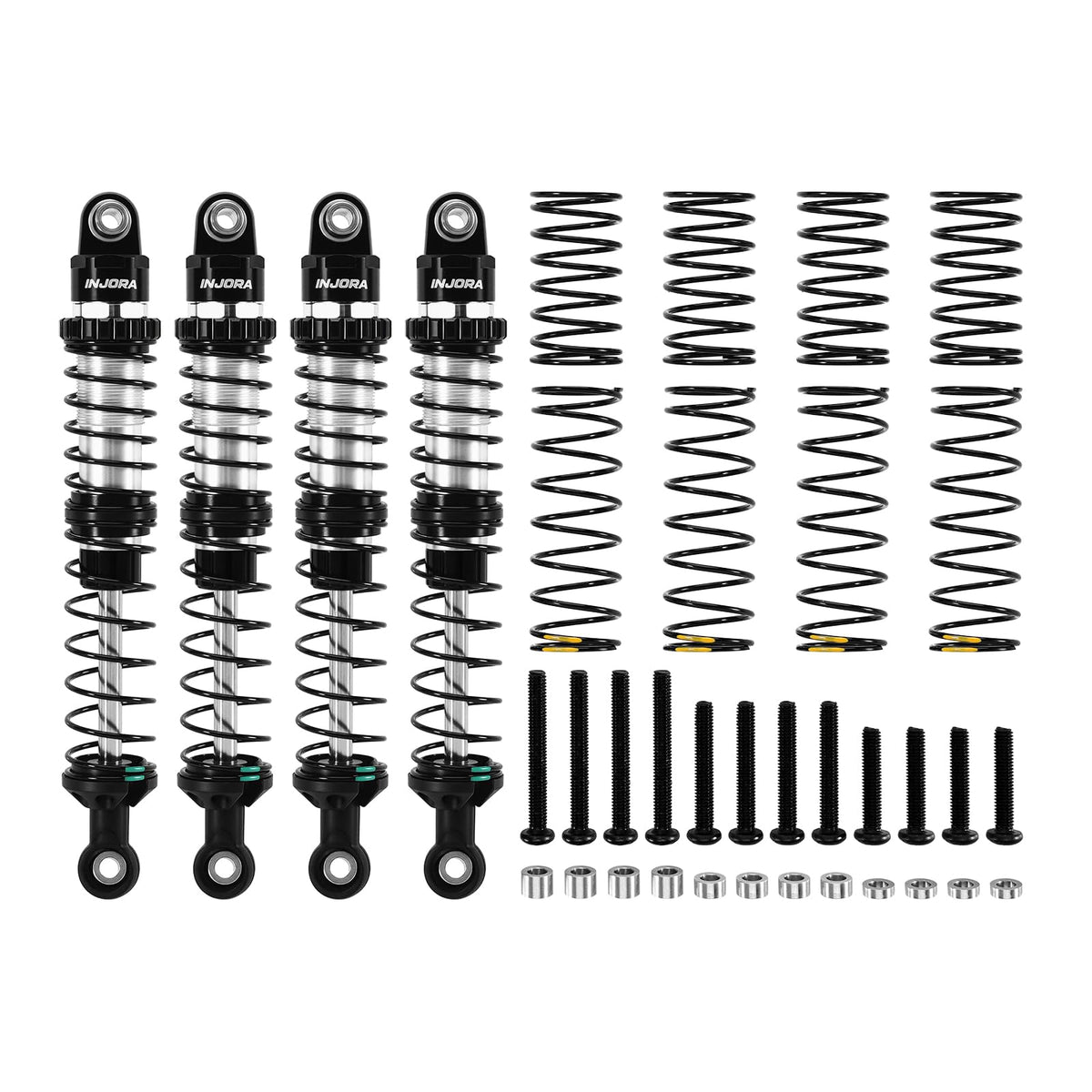 INJORA DRX 100mm shock body close-up showing aluminum construction for durability.