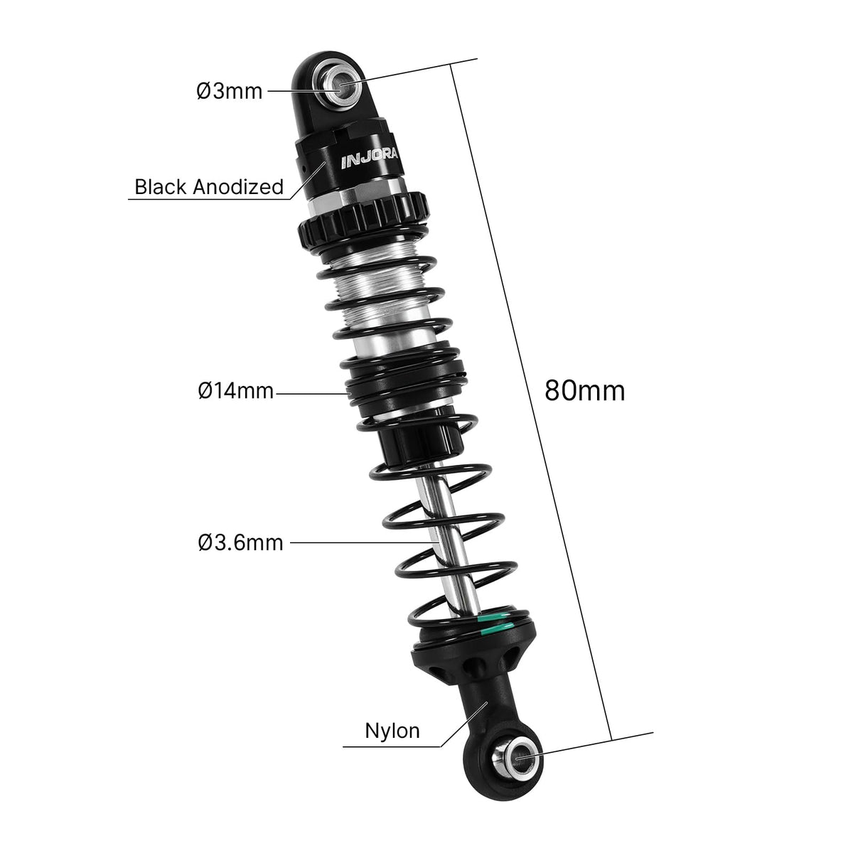 Close-up of INJORA DRX aluminum shock body showing precision machining