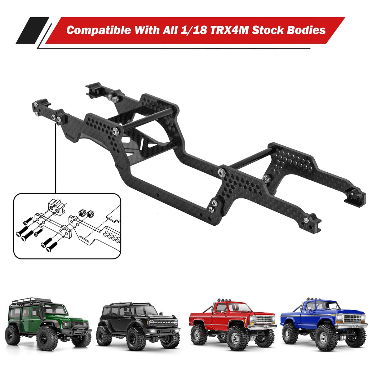 INJORA frame with multiple shock mounting points for precise suspension tuning.