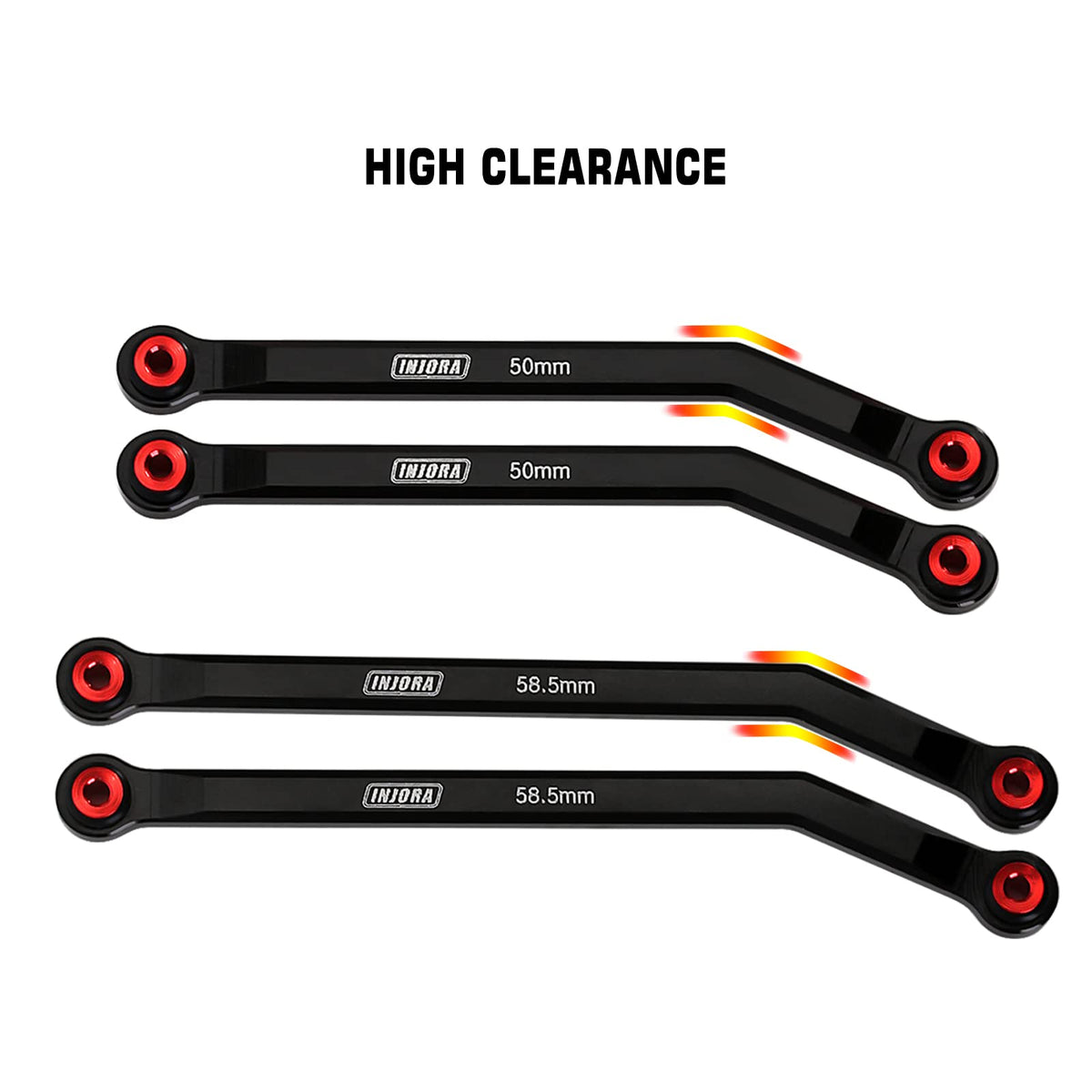 INJORA front 4-links set with engraved logo adding rugged aesthetics during desert run.