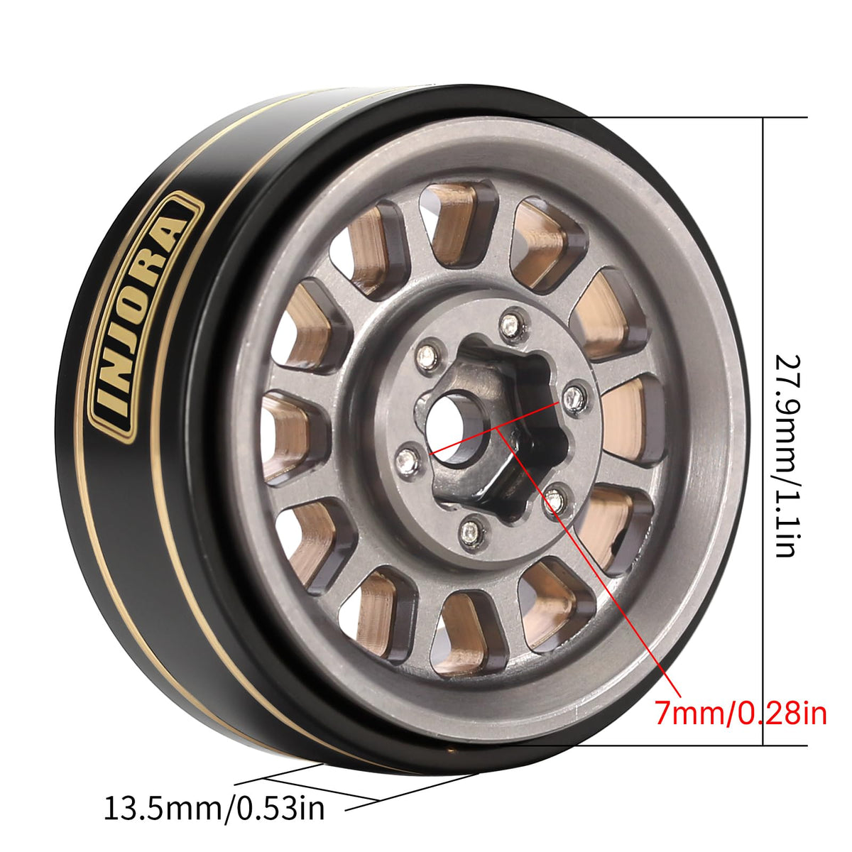 INJORA grey-coated brass beadlock wheels resist corrosion and stay bright