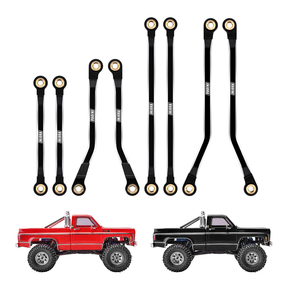 INJORA high clearance links set on TRX4M K10 High Trail close-up showing durable aluminum construction