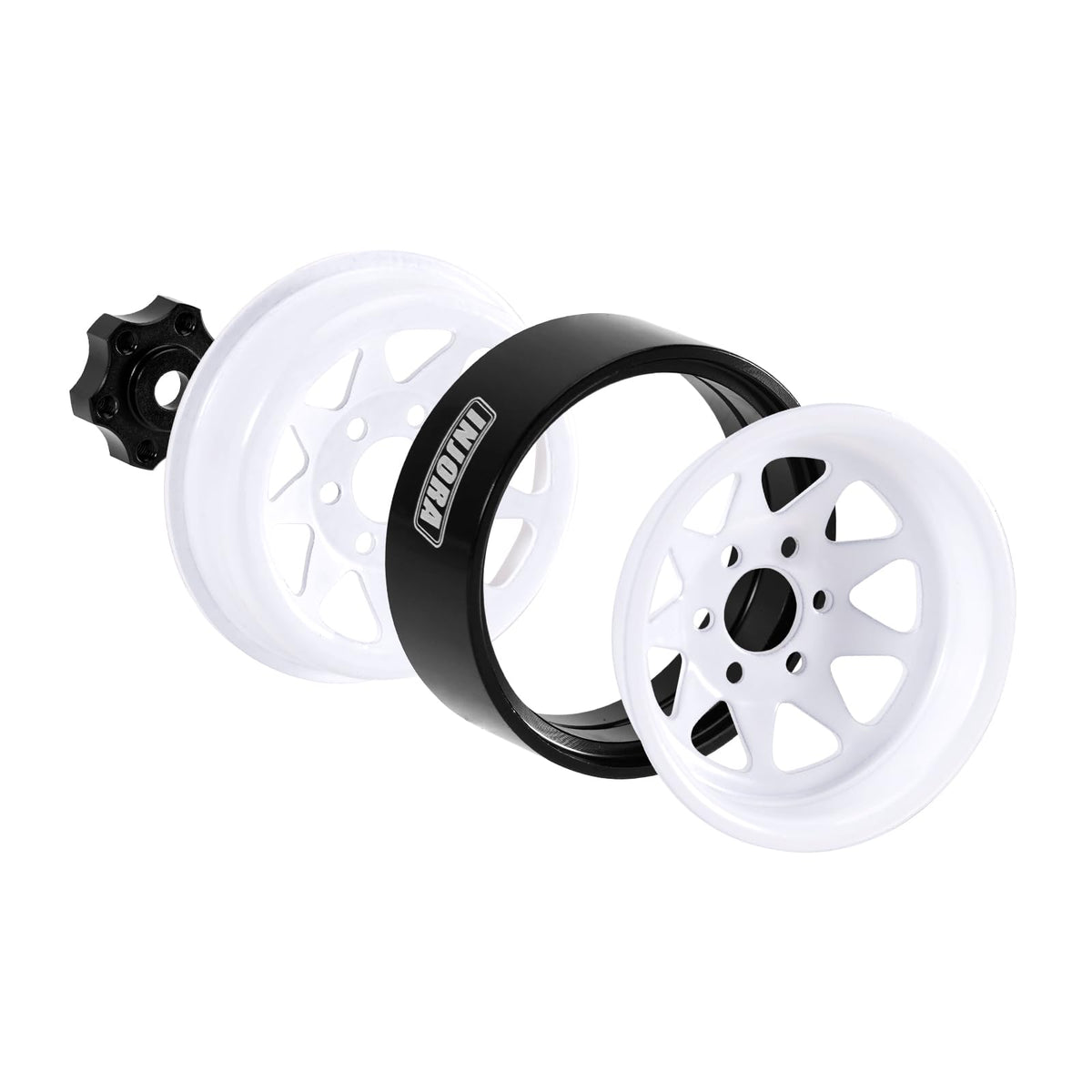 INJORA internal beadlock system secures tires without glue for quick terrain changes.