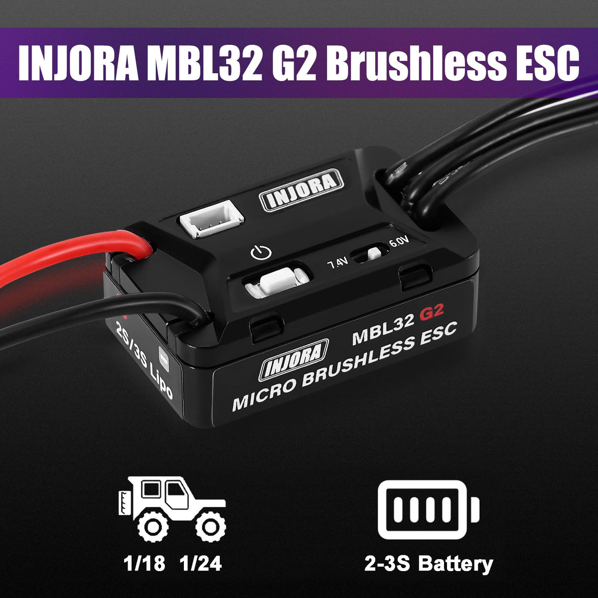 INJORA MBL32 G2 USB programming port enables bench tuning.