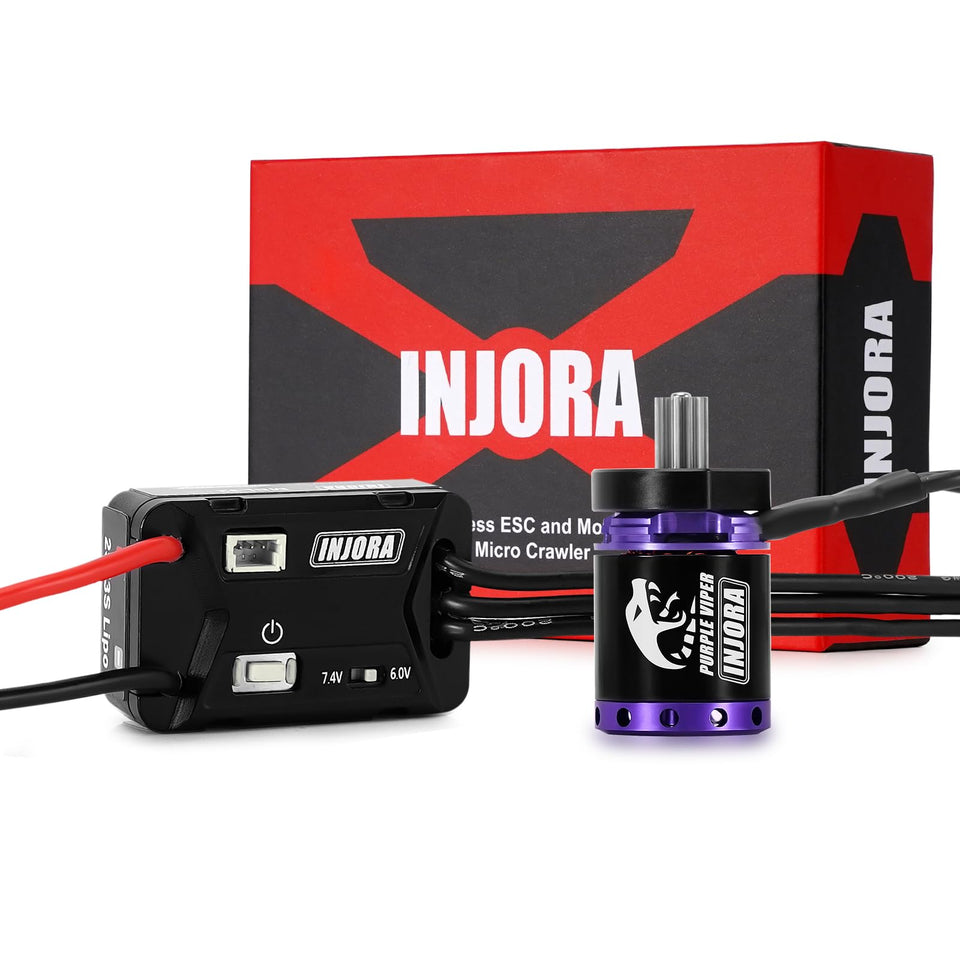 INJORA MBL32 G2 waterproof ESC close-up showing compact integration for micro crawlers