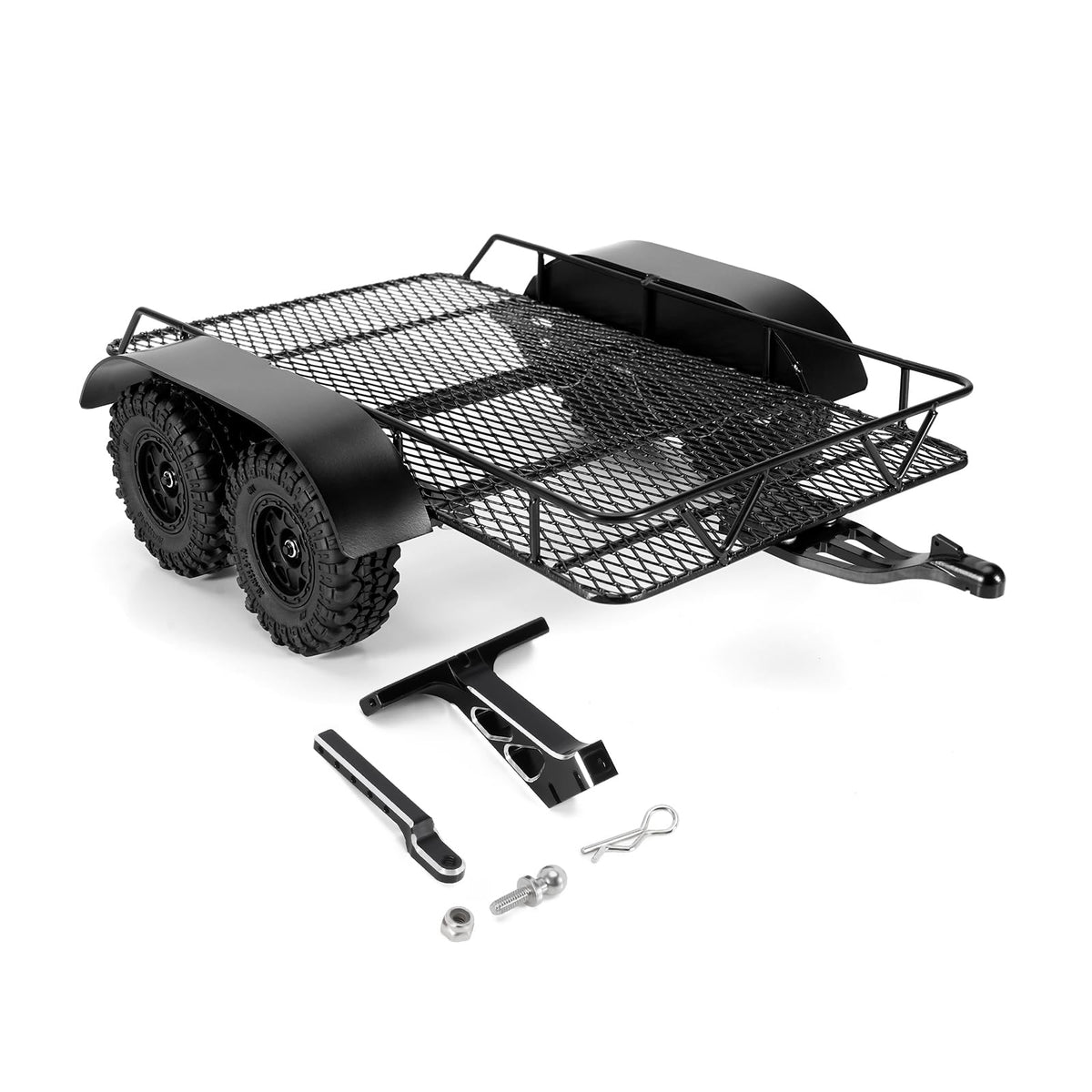 INJORA metal hitch trailer front view demonstrates sturdy build for SCX24 towing