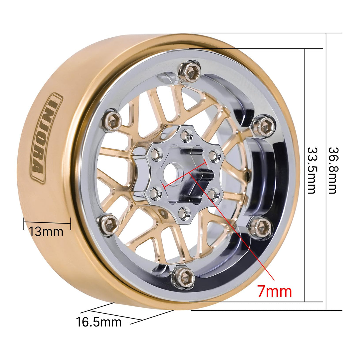 INJORA ModuWheel beadlock detail emphasizes secure wheel-to-tire engagement.