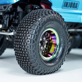 Rainbow finish detail on INJORA ModuWheel for a bold look