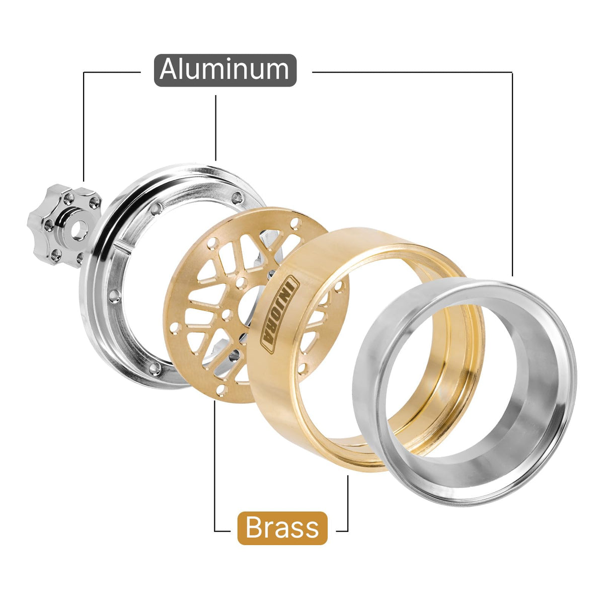 INJORA ModuWheel width 16.5mm enables wider stance for stability.