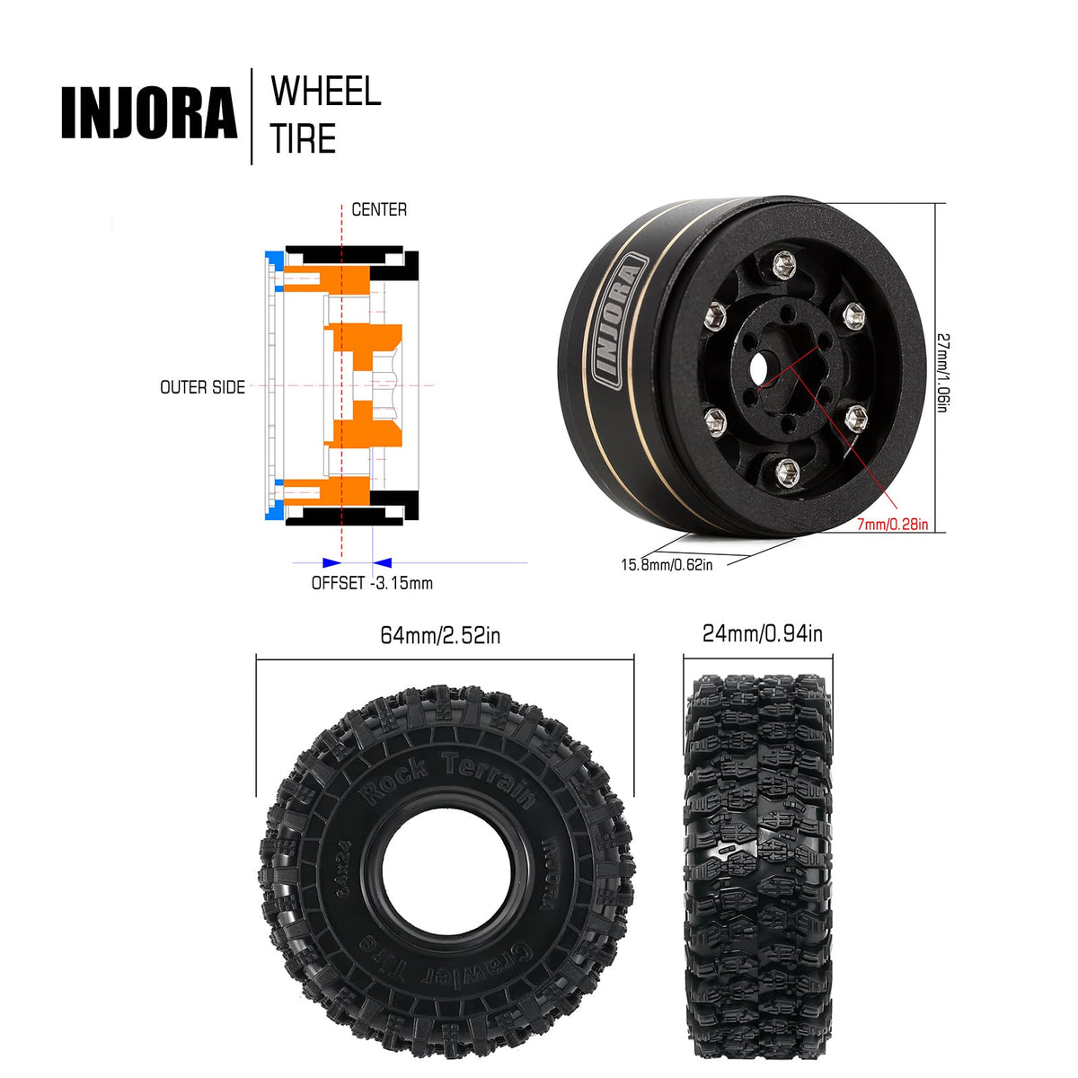 INJORA negative-offset brass wheel improves stability and tracking on rugged trails.