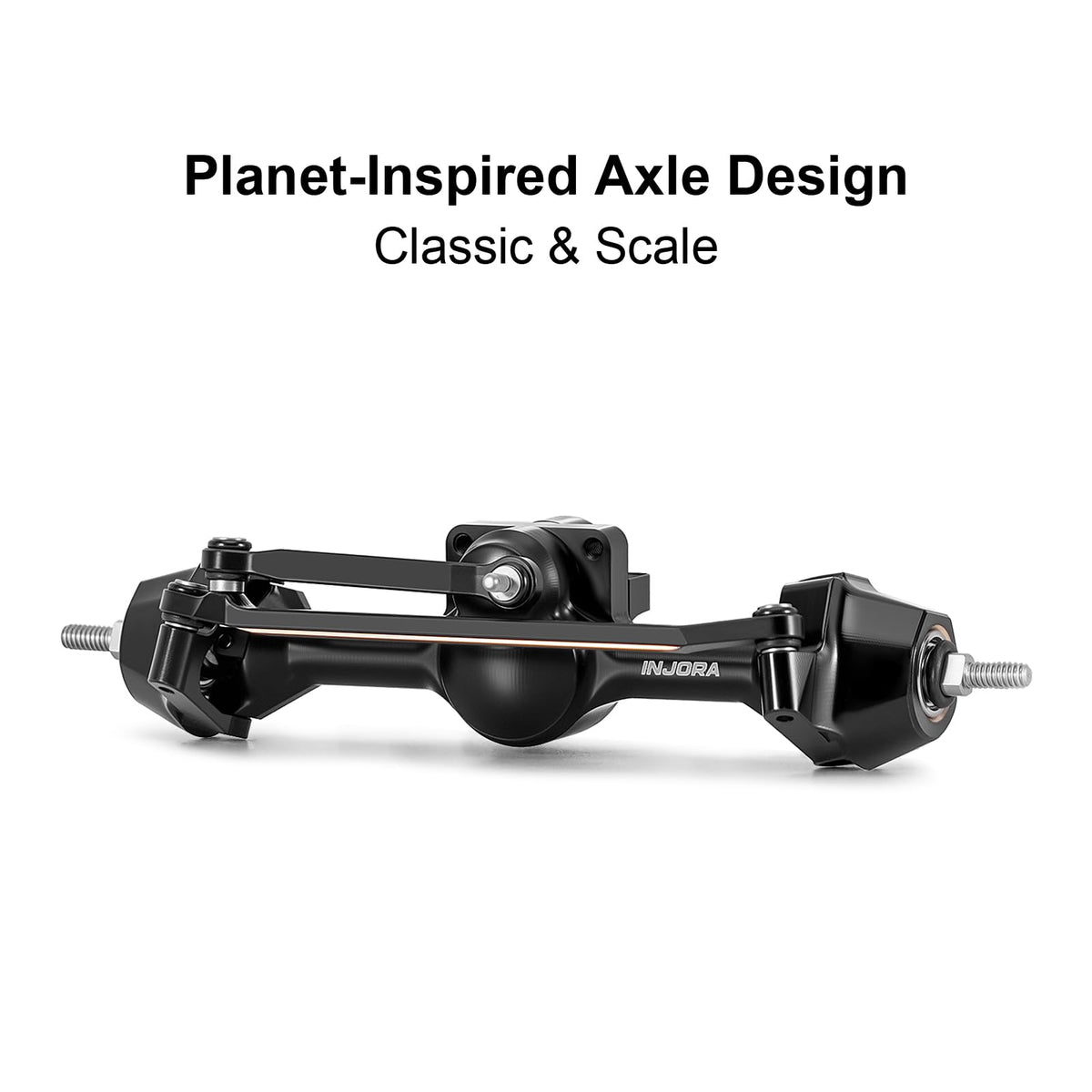 INJORA plus3mm planet axles brass-knuckle components on the front for scale look.