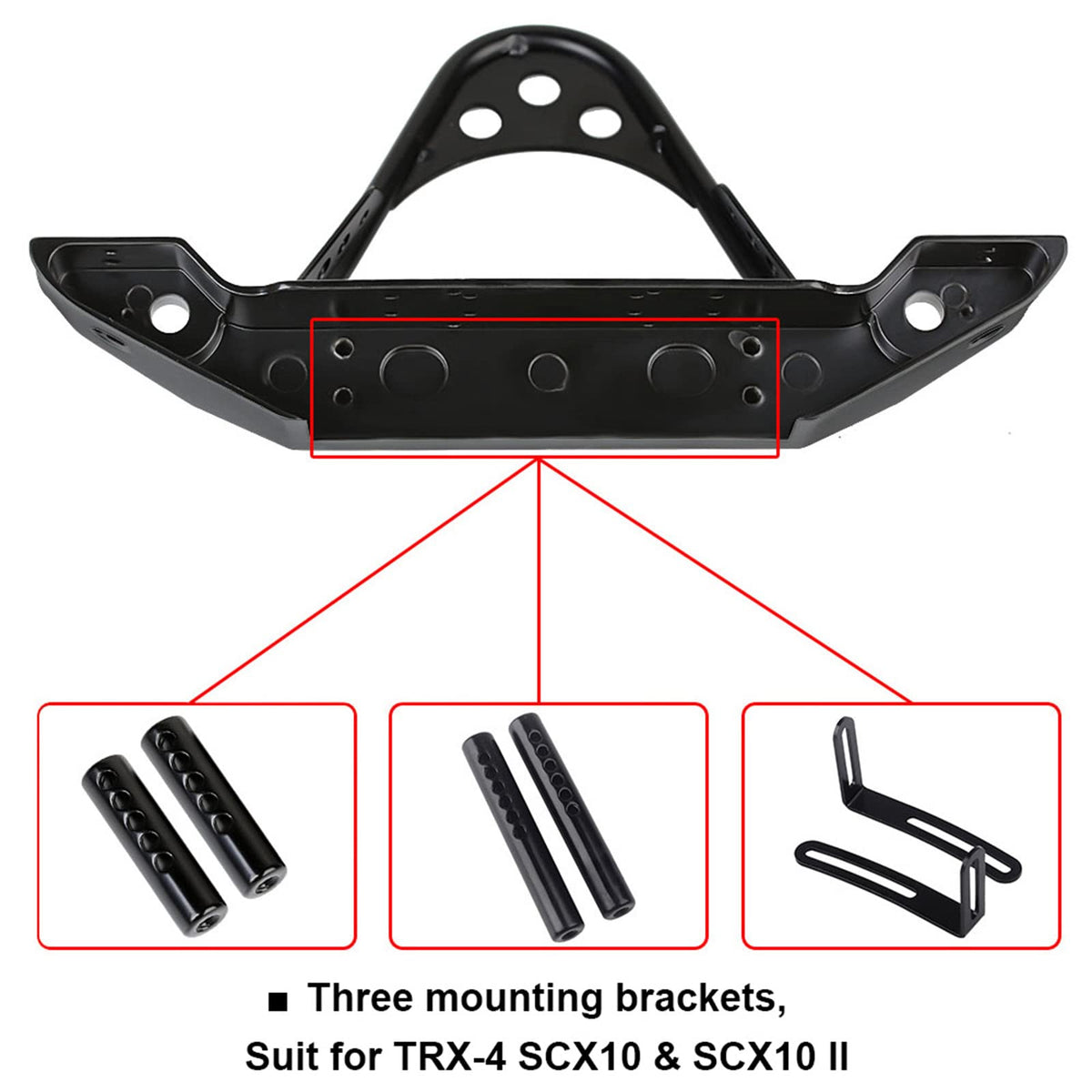 INJORA bumper includes three mounting brackets for flexible fit on multiple 1/10 crawlers