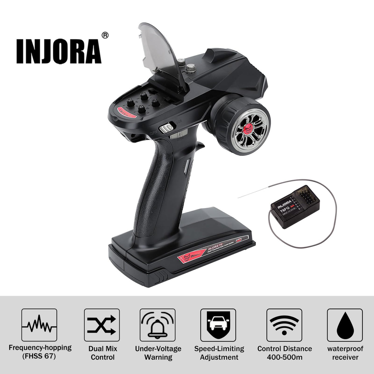 INJORA RC Receiver inside view highlights quick response and integration.