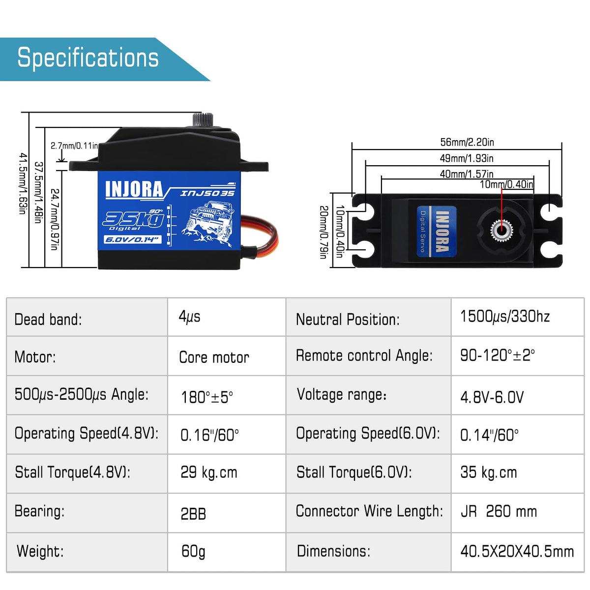 INJORA RC Servo 35kg torque connector cable shows reliable JR lead length for flexible mounting.