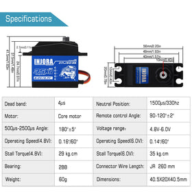 INJORA RC Servo 35kg torque connector cable shows reliable JR lead length for flexible mounting.