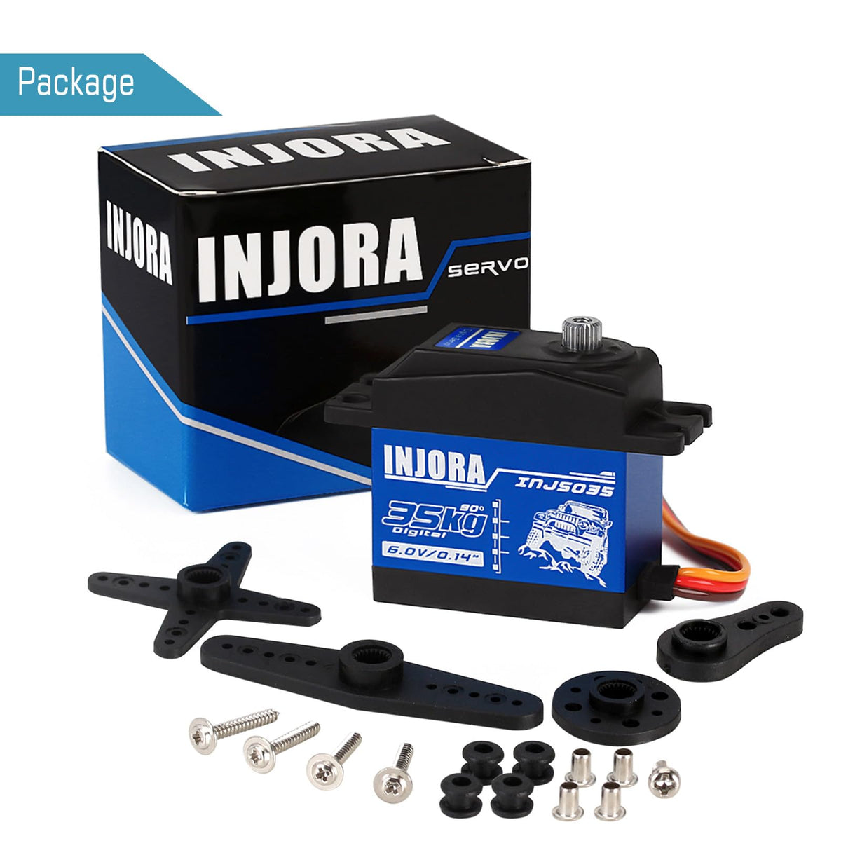 INJORA RC Servo 35kg torque side profile reveals compact, space-saving design for tight fits.