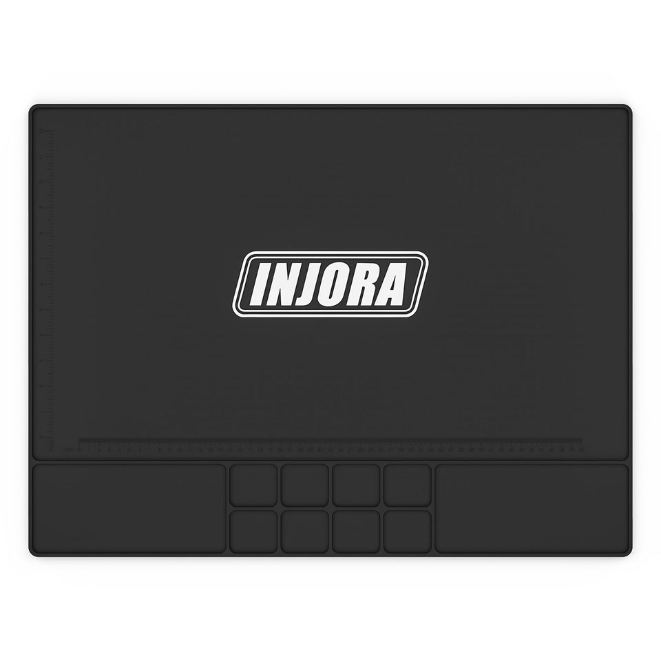 INJORA RC Silicone Pit Mat highlights a rollable design for portable field tinkering.