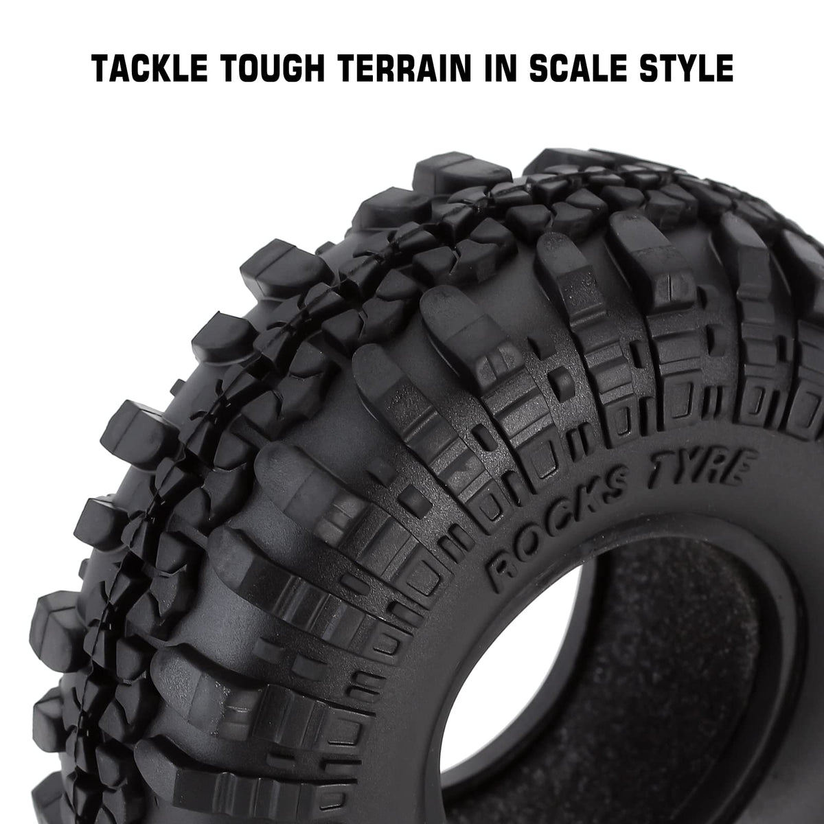 INJORA RC Tires on rugged rocks illustrate scale realism and grip.