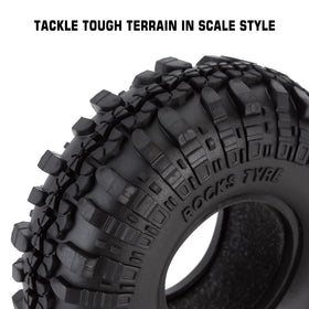 INJORA RC Tires on rugged rocks illustrate scale realism and grip.