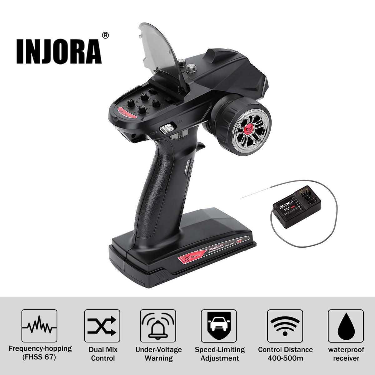 INJORA RC Transmitter sticks provide tactile throttle and brake feedback