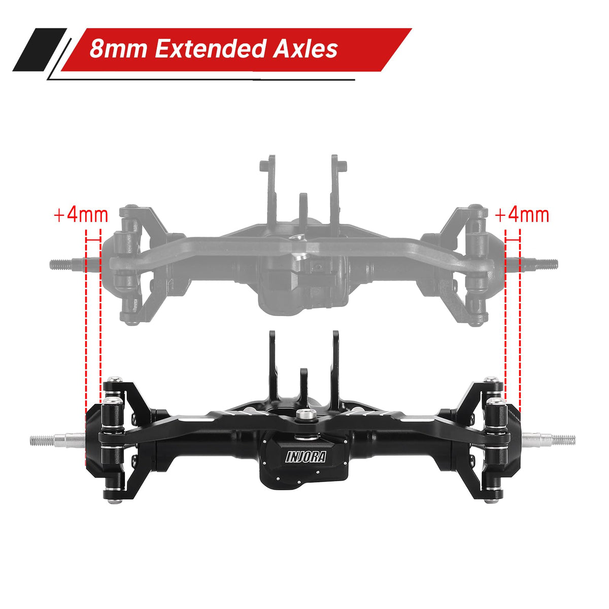 INJORA rear axles extended 4mm for stability and obstacle clearance.