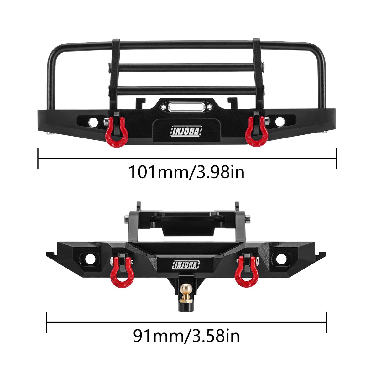 INJORA rear bumper with removable tow hitch improves towing versatility on rough terrain.