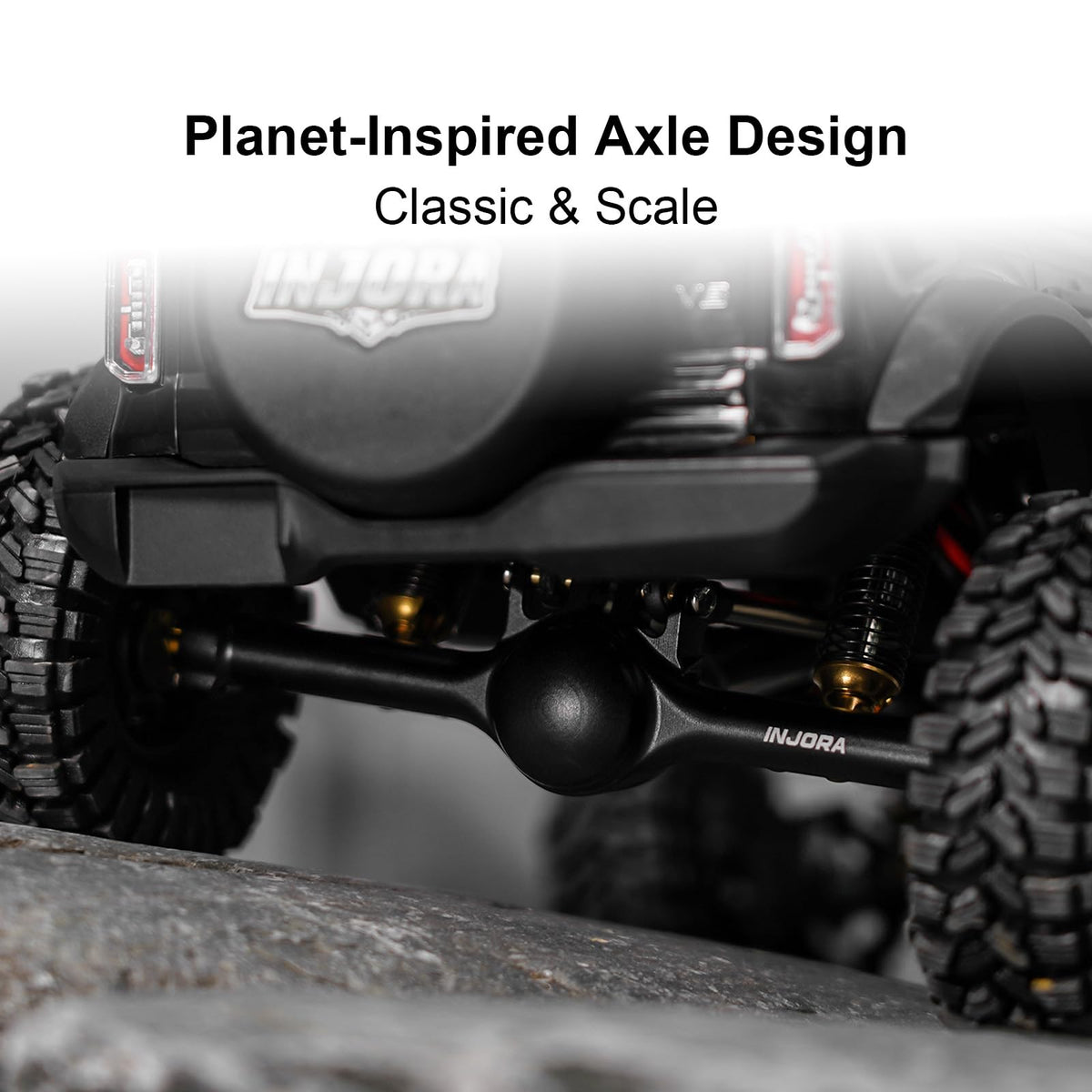 INJORA scale hydraulic steering system offers realistic steering feel on rugged terrain