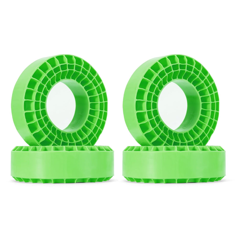 INJORA silicone rubber inserts for 106-108mm tires in green improve stability with added weight.