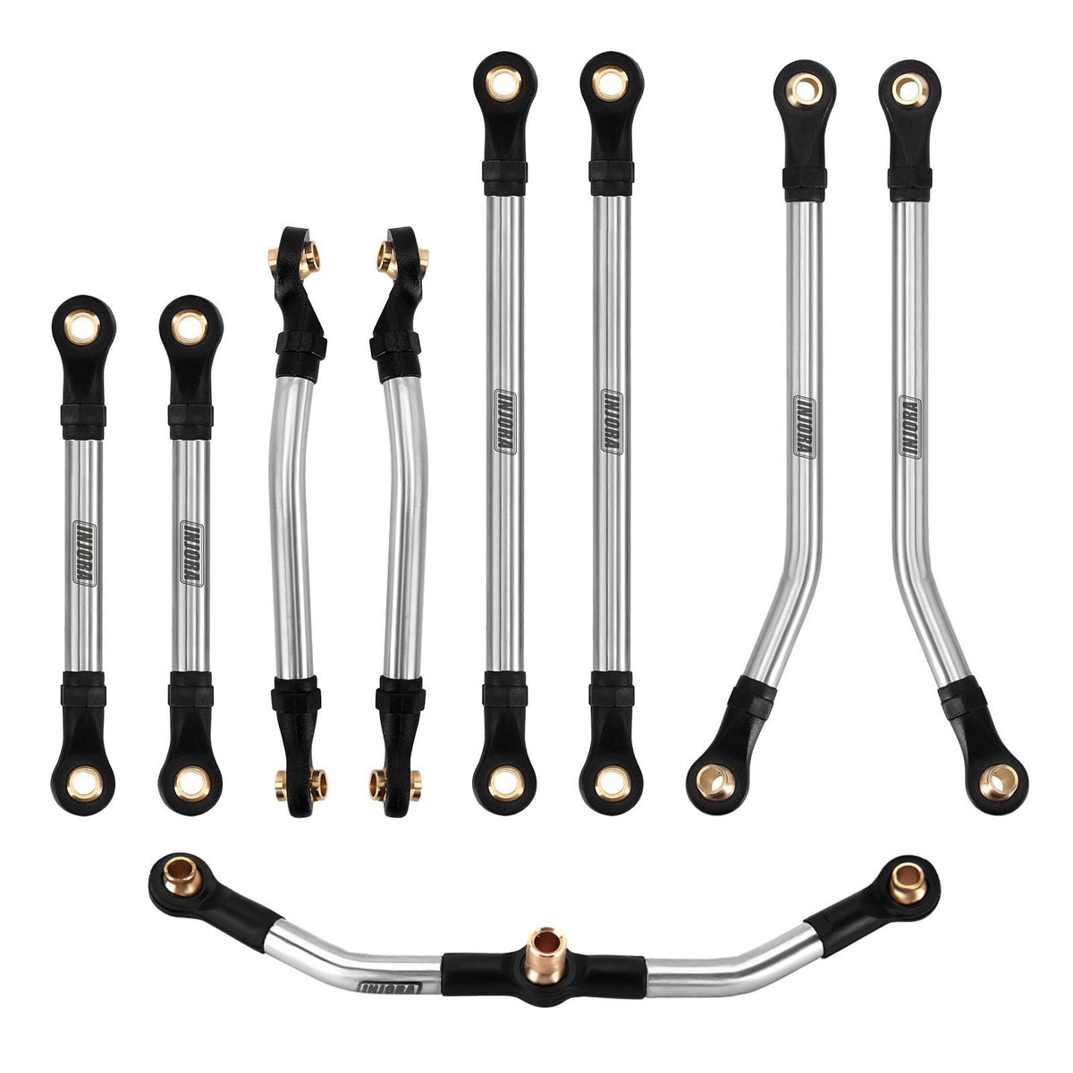 INJORA stainless steel steering link closeup showing durable performance on rough terrain