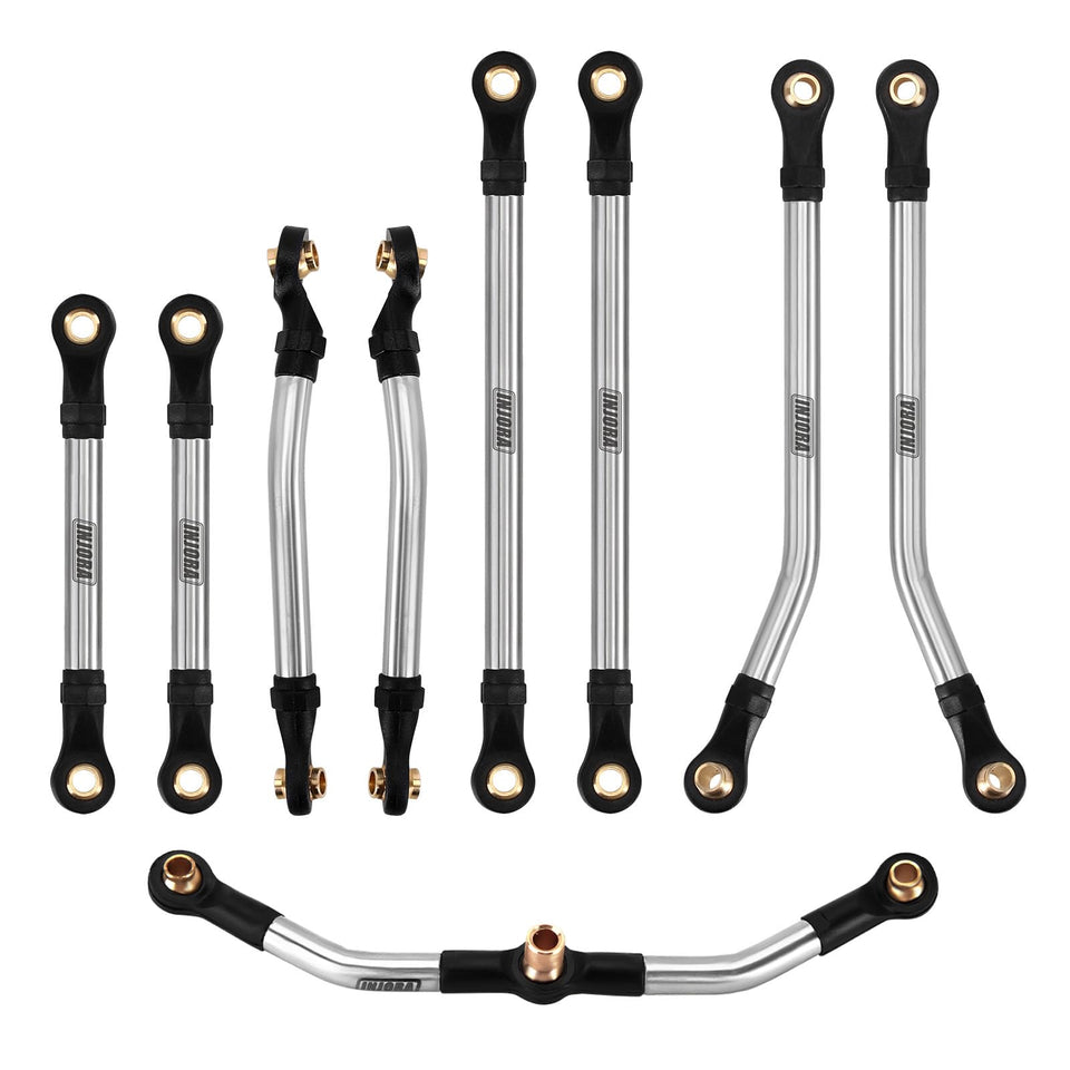 INJORA stainless steel steering link closeup showing durable performance on rough terrain