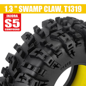 INJORA Swamp Claw 1.3 tire mounted for superior off road grip.
