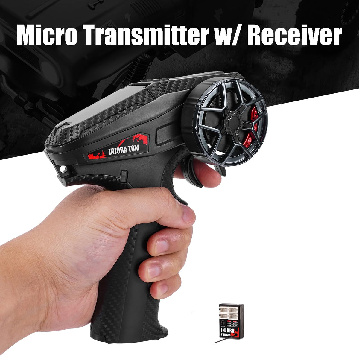 Package contents show transmitter, receiver, and manual for quick setup