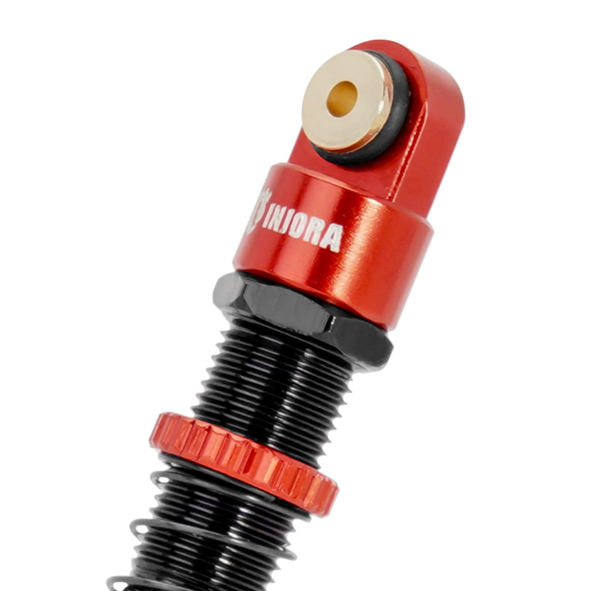 INJORA telescopic shock assembly offering extended travel on rough terrain.