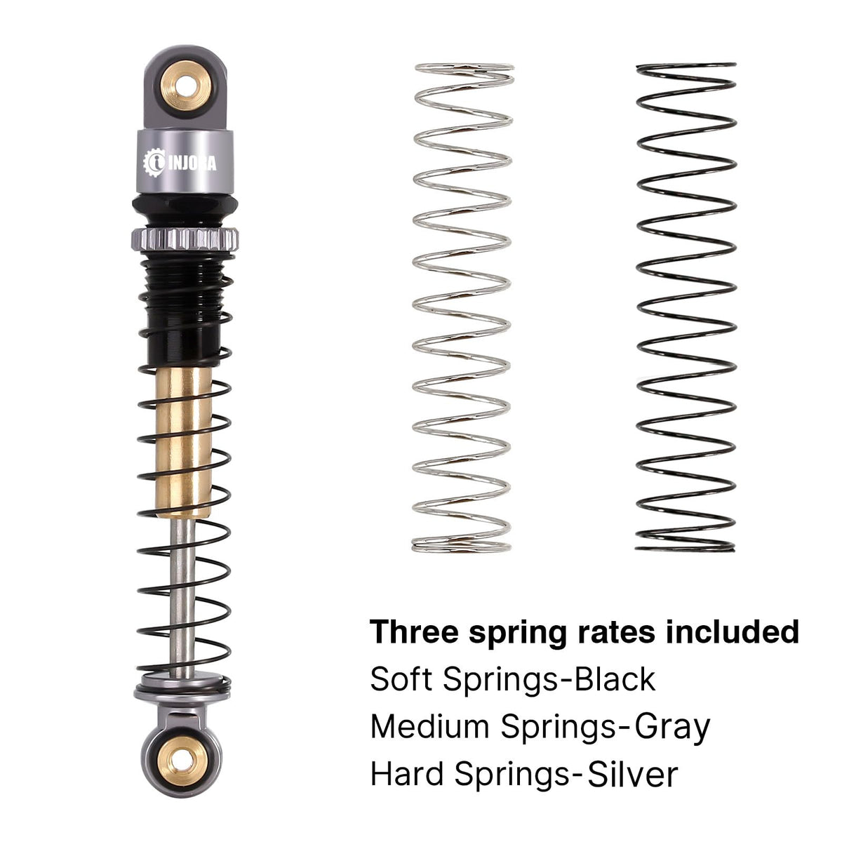 INJORA threaded shock bodies enable quick preload adjustments for tuning RC crawler performance.