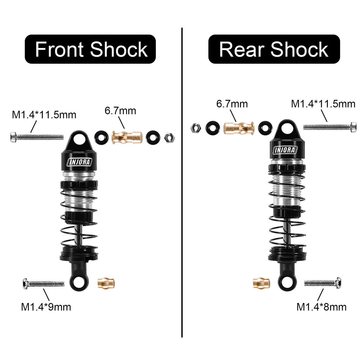 INJORA threaded shock bodies enable quick pre-load adjustments.